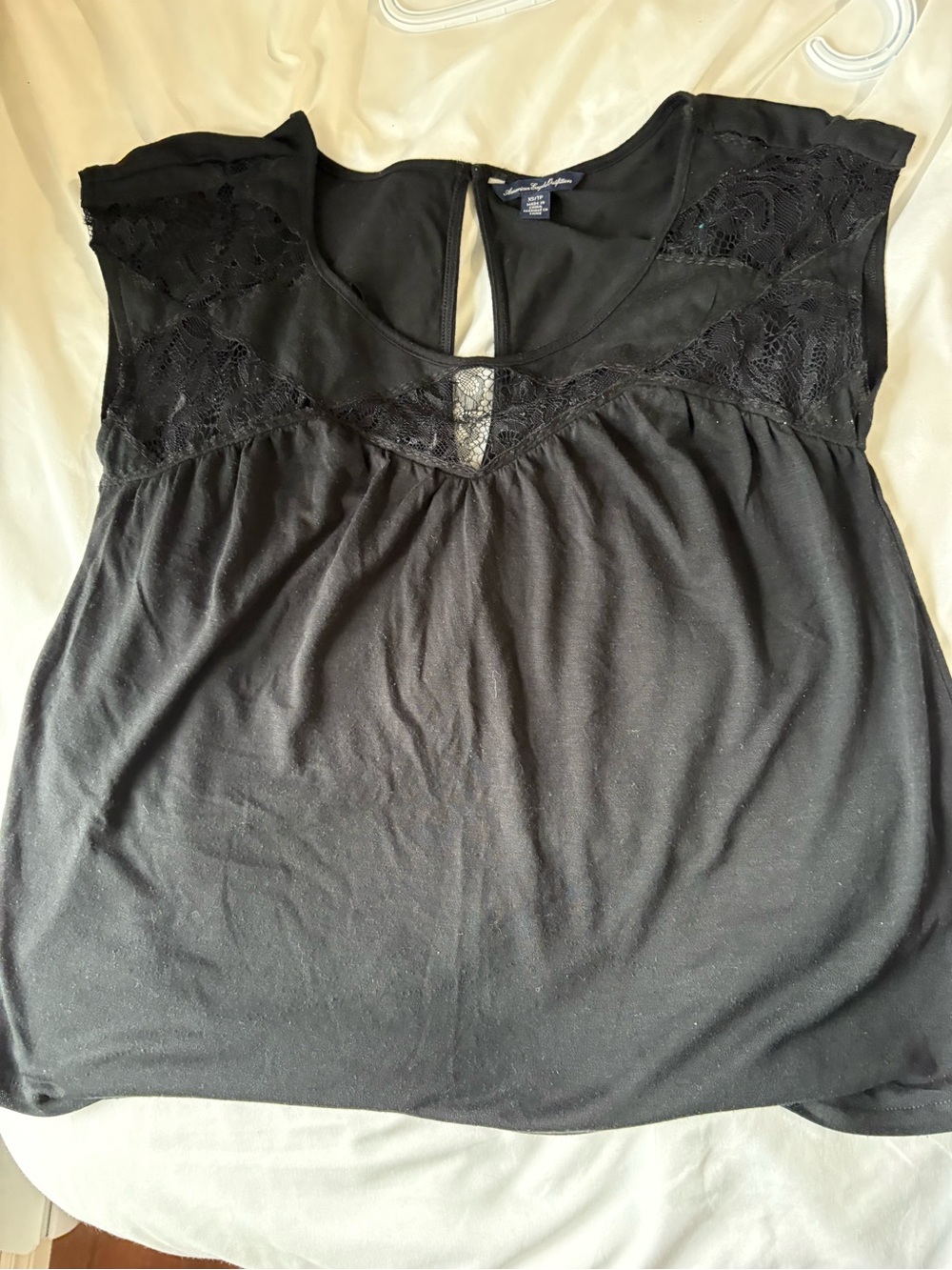 American Eagle Outfitters Black Lace Yoke Cap-Sleeve Top